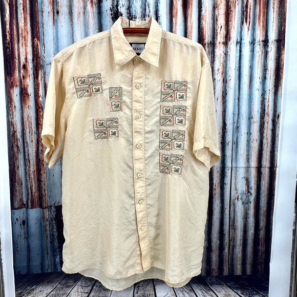 Mani, Giorgio Armani Other - VTG 90s MANI Giorgio Armani 100% Silk Embroidered Boho Shirt Large Sand Washed